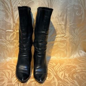 Black faux leather over the calf heeled boots.   65-T5